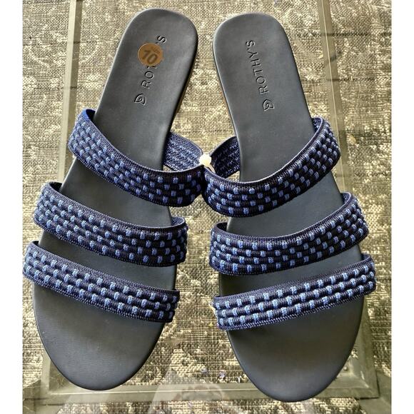 ROTHY'S Size 10 Triple Bands Strappy Slide Sandals Flats Blue White Resort Pool - Picture 1 of 4